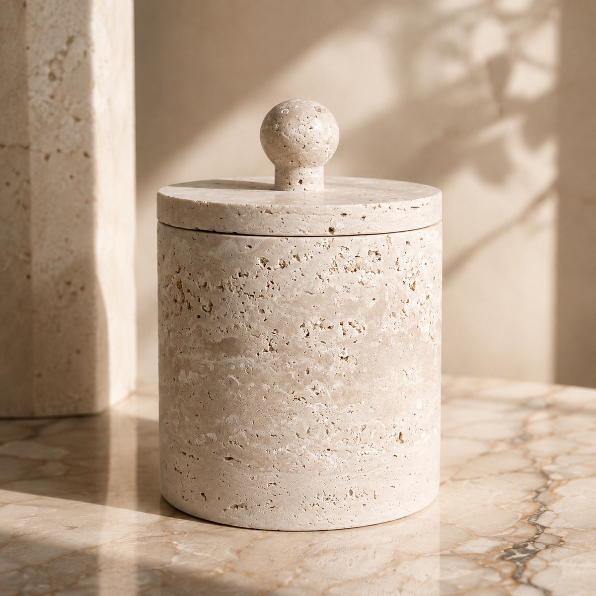 The Tivoli Travertine Canister | Lidded Stone Storage Jar